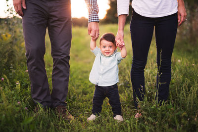 Portrait of cute baby boy holding parents hands while standing on grass