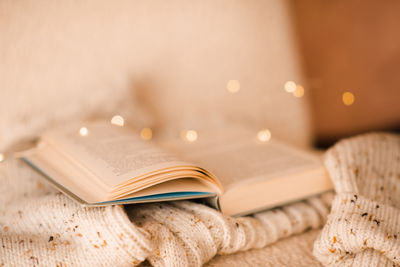 High angle view of book on table