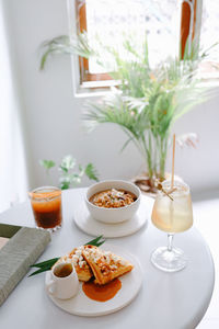 Close-up of breakfast served on table