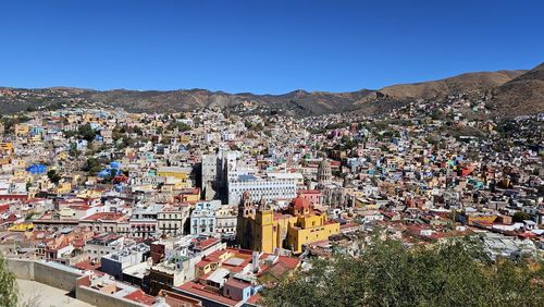 High angle view of townscape against clear sky