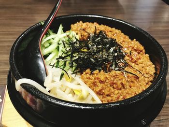 High angle view of food in bowl on table