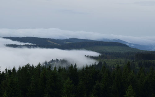 Scenic view of mountains in foggy weather