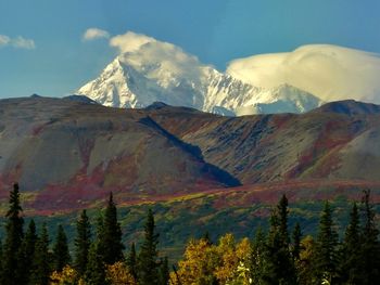 Scenic view of snowcapped mountains against sky