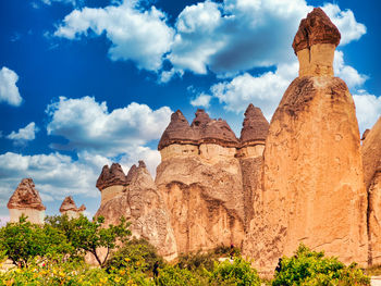 Low angle view of rock formations against sky