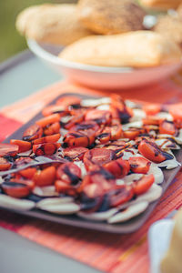 High angle view of tomatos in plate on table