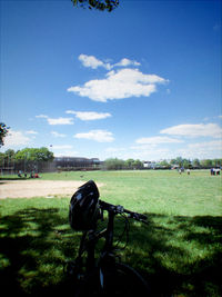 Horse cart on field against sky