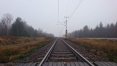 Railroad tracks by trees against sky