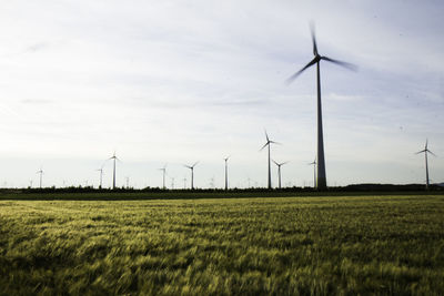 Wind turbines on field