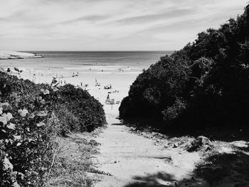 View of calm beach against cloudy sky