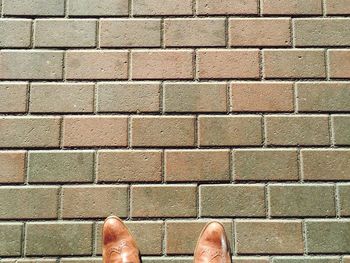 Low section of man standing on brick wall