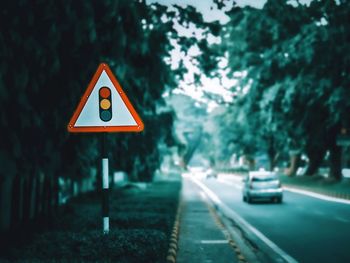 Road sign by trees in city