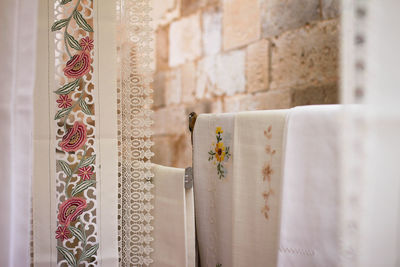 Close-up of fabrics hanging