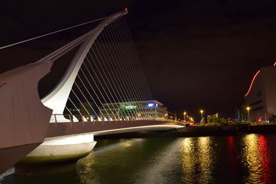 Illuminated bridge over river at night
samuel beckett bridge