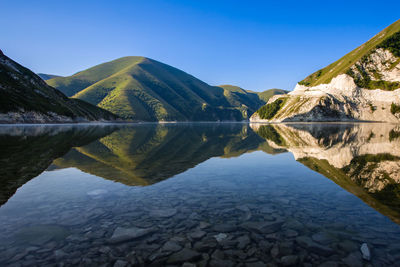 Scenic view of lake and mountains against clear blue sky