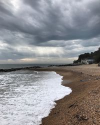 Scenic view of beach against dramatic sky