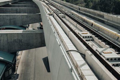 High angle view of train at railroad station