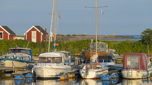 Sailboats moored at harbor against clear sky