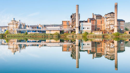 Reflection of industrial buildings on lake