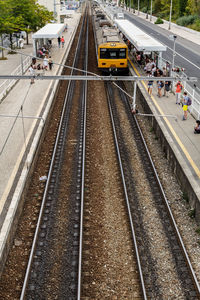High angle view of train at railroad station platform