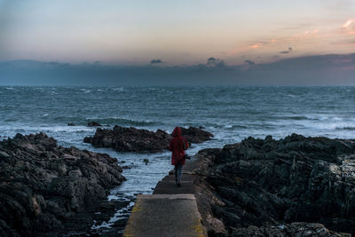 Rear view of person standing on beach against sky during sunset