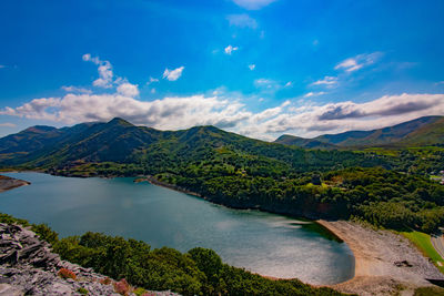 Scenic view of lake and mountains against sky