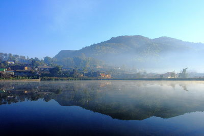 Reflection of trees in water against blue sky