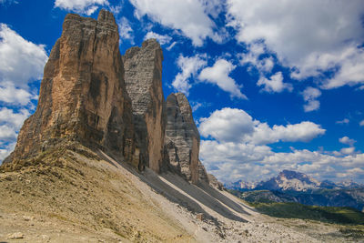View of the famous and majestic tre cime di lavaredo or drei zinnen in alto adige, italy