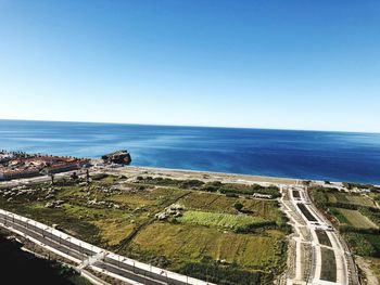 High angle view of sea against clear sky