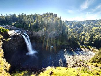 Scenic view of waterfall in forest against sky