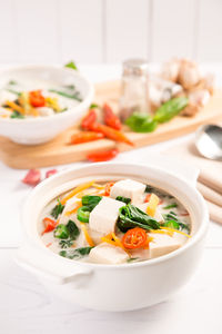 Close-up of soup in bowl on table