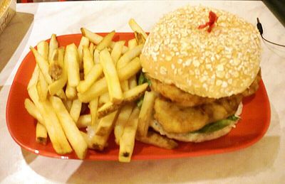 High angle view of burger on plate