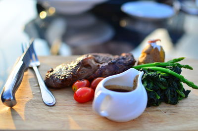 Close-up of dessert served on table