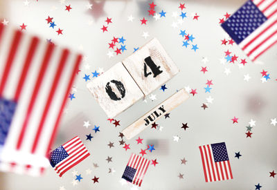 High angle view of flags on table