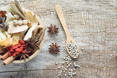High angle view of vegetables on wood