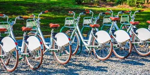 Bicycles parked on field