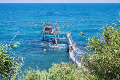 High angle view of the trabocco turchino with a clear blue sea