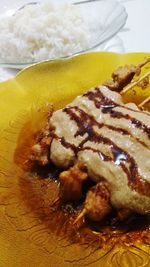 Close-up of dessert in plate on table