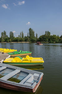 Yellow floating on lake against sky