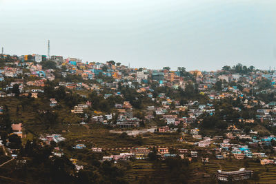 High angle shot of townscape against sky