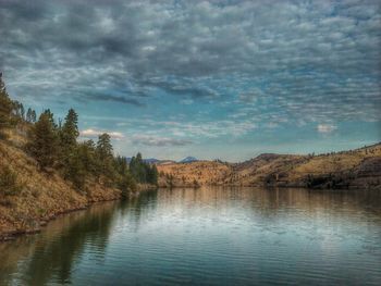 Scenic view of lake against cloudy sky