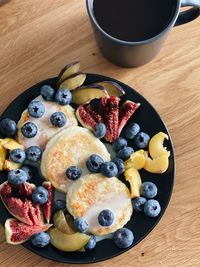 High angle view of breakfast served on table