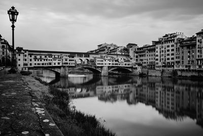 Bridge over river by buildings in city against sky