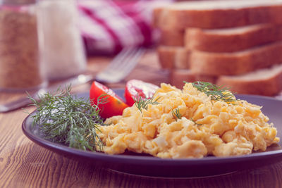 High angle view of food in plate on table