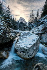 Scenic view of waterfall against sky during winter