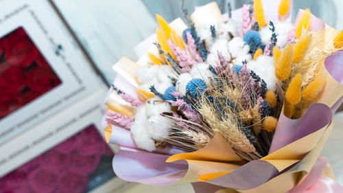 High angle view of multi colored flowers on table