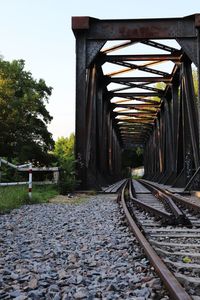 Surface level of railroad tracks against trees