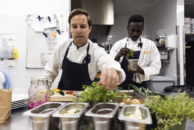 Multiracial male chefs preparing food in commercial kitchen