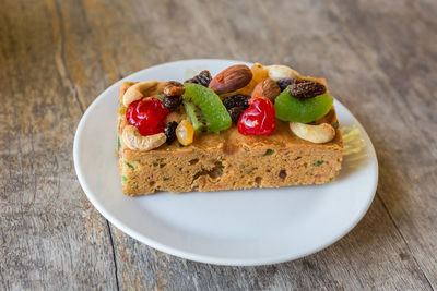 High angle view of dessert in plate on table