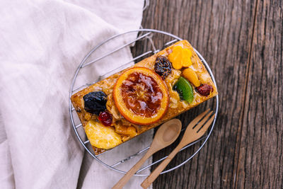 High angle view of dessert on table