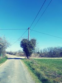 Road amidst trees on field against clear blue sky